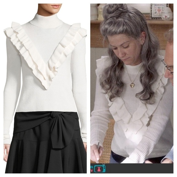 Cinq a Sept / Palomino Ribbed Ruffle mock neck crop ivory cream Fitted Sweater M - Picture 1 of 11